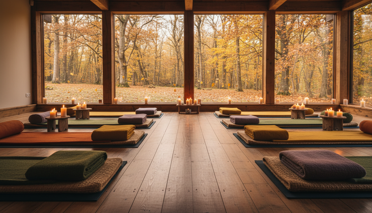 Wide-angle view of a cosy yoga room with mats, blankets, candles, and soft autumn light.