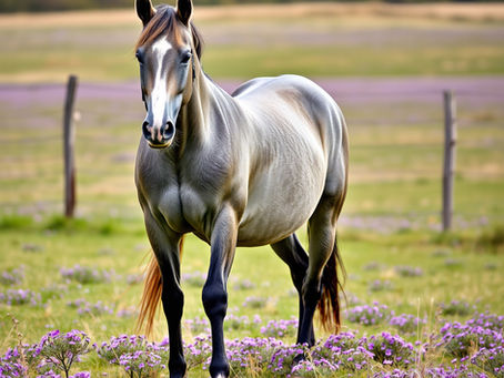 Grey Horse standing in a field with purple flowers
