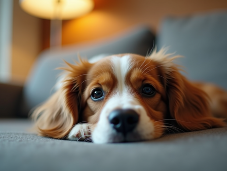 Eye-level view of a dog relaxing on a sofa