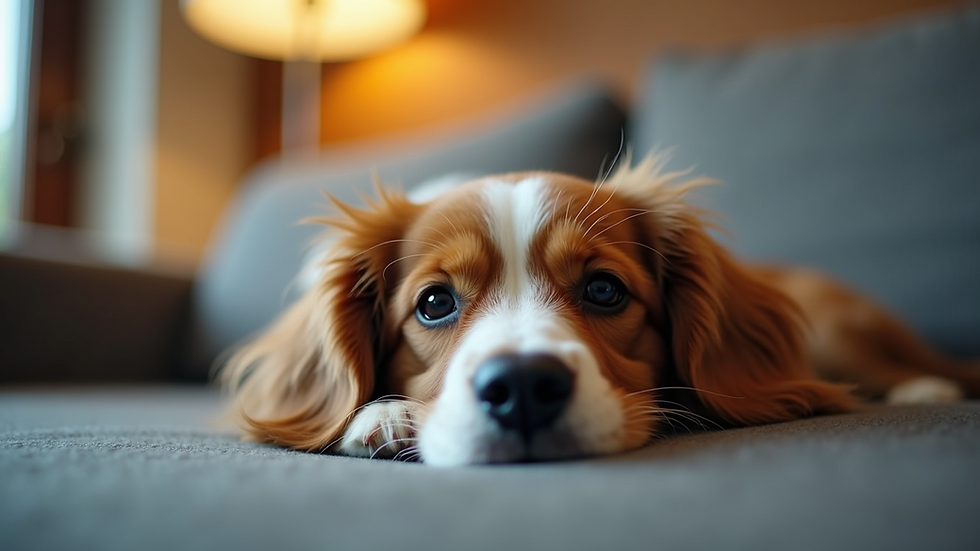 Eye-level view of a dog relaxing on a sofa