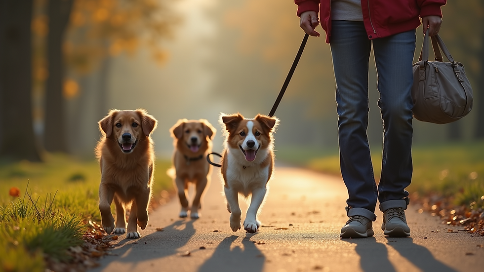 Eye-level view of a professional pet sitter walking several dogs