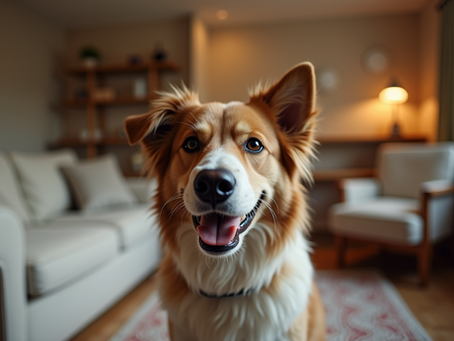 Close-up view of an attentive dog in a cozy home setting