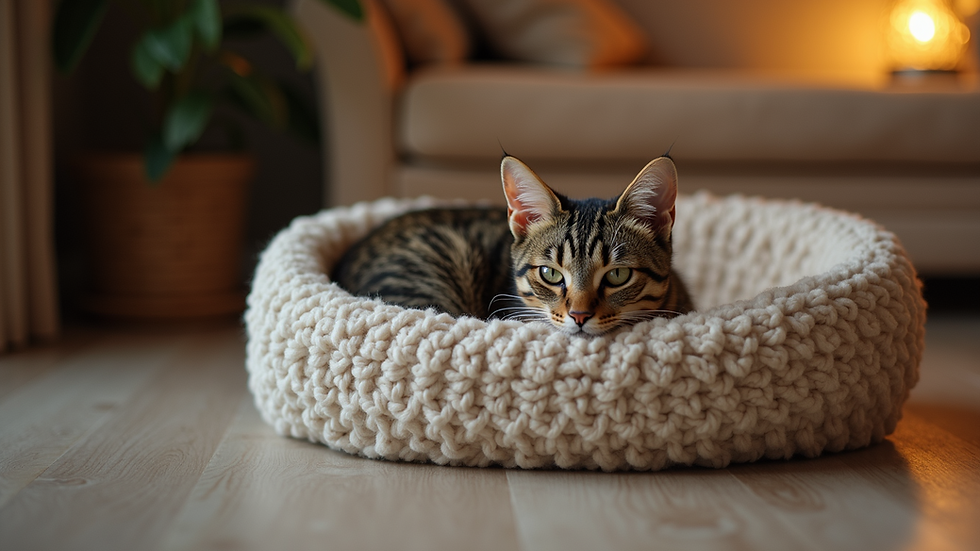 Eye-level view of a cozy cat bed with a resting cat