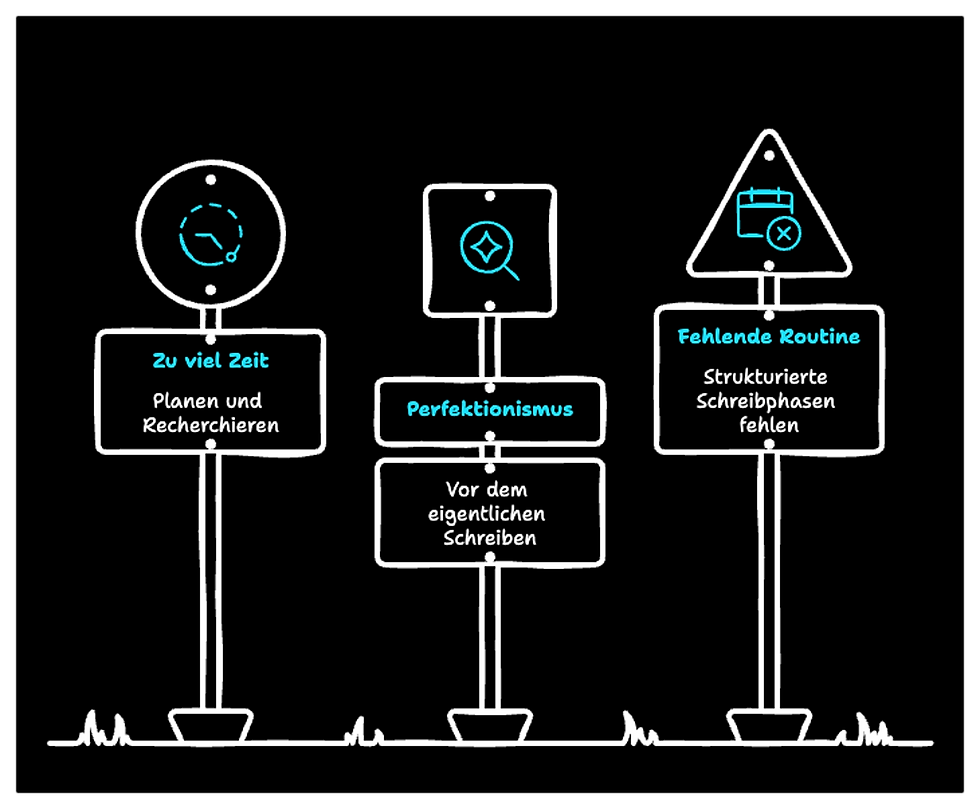 Abbildung der drei Stolpersteine für deinen Schreibprozess
