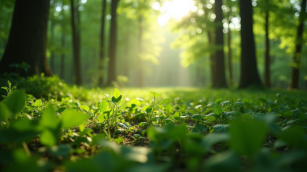 Eye-level view of a lush green forest with sunlight filtering through the leaves