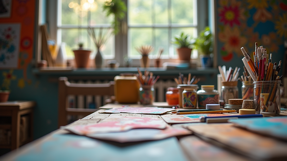 Eye-level view of a colorful art studio filled with various art supplies
