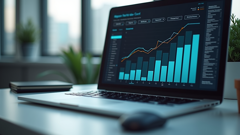 Eye-level view of a modern workspace with a digital marketing dashboard