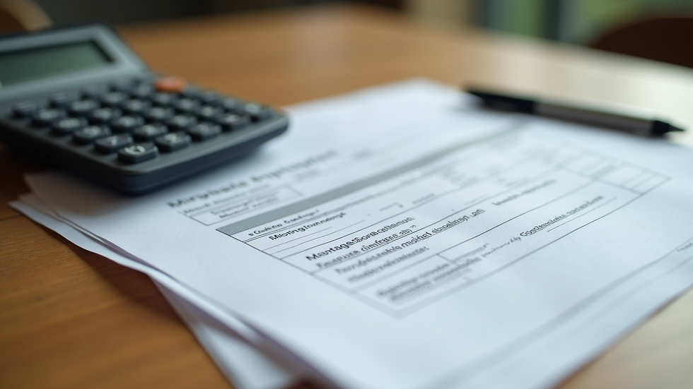Close-up view of a calculator and mortgage documents on a wooden table