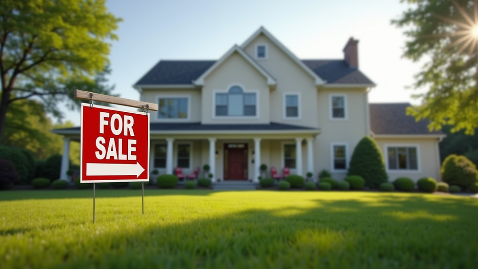 Eye-level view of a suburban house with a "For Sale" sign in the front yard