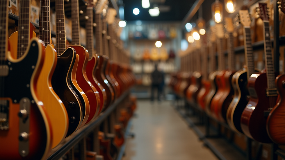 Eye-level view of guitar display rack inside a music shop