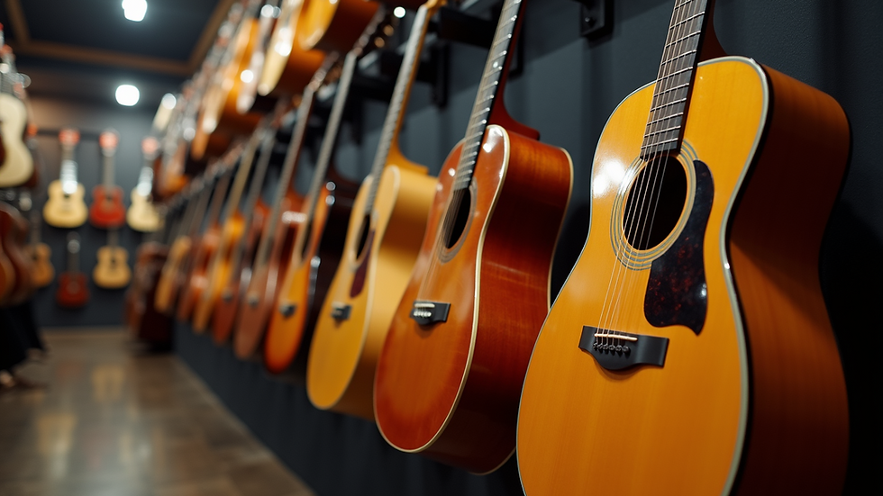 Eye-level view of guitar display rack with various acoustic and electric guitars