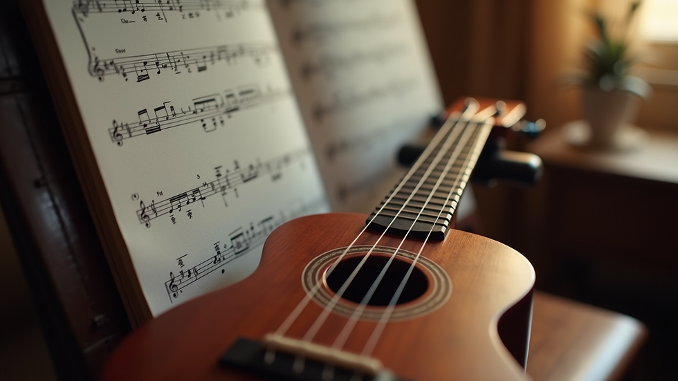 Eye-level view of a ukulele resting on a music stand with sheet music