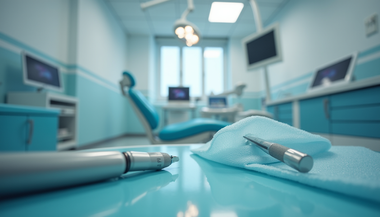 Eye-level view of a clean and organized dental treatment room with sterilized instruments