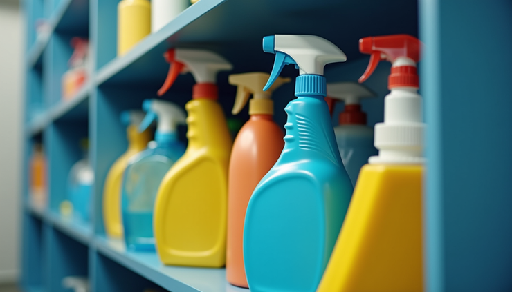 Close-up view of cleaning supplies and tools arranged neatly on a shelf