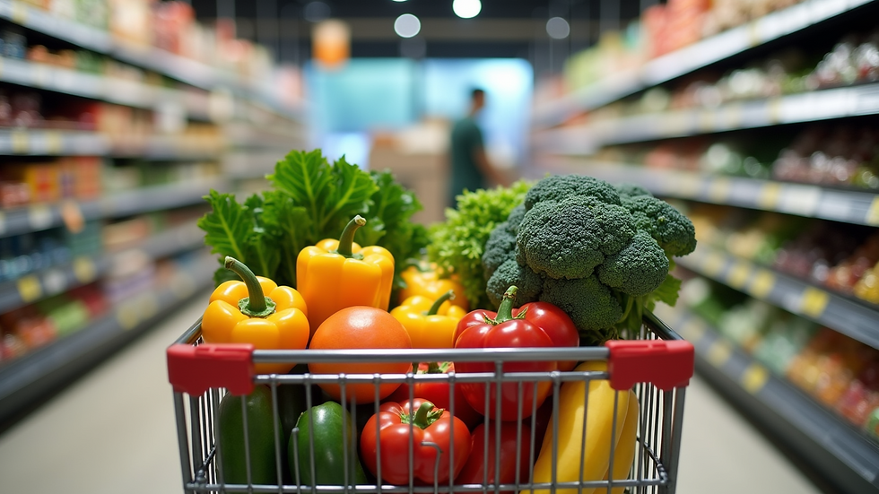Eye-level view of a grocery cart filled with fresh produce