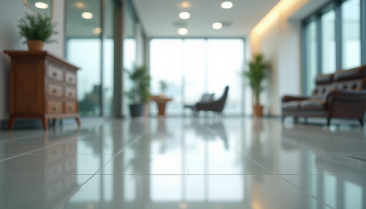 Eye-level view of a spotless office floor with polished surfaces and organized furniture