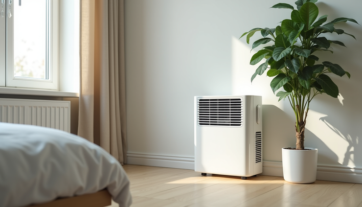 High angle view of a bedroom corner with a small dehumidifier and a potted plant