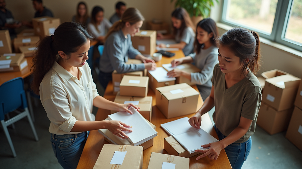 High angle view of volunteers organizing school supplies