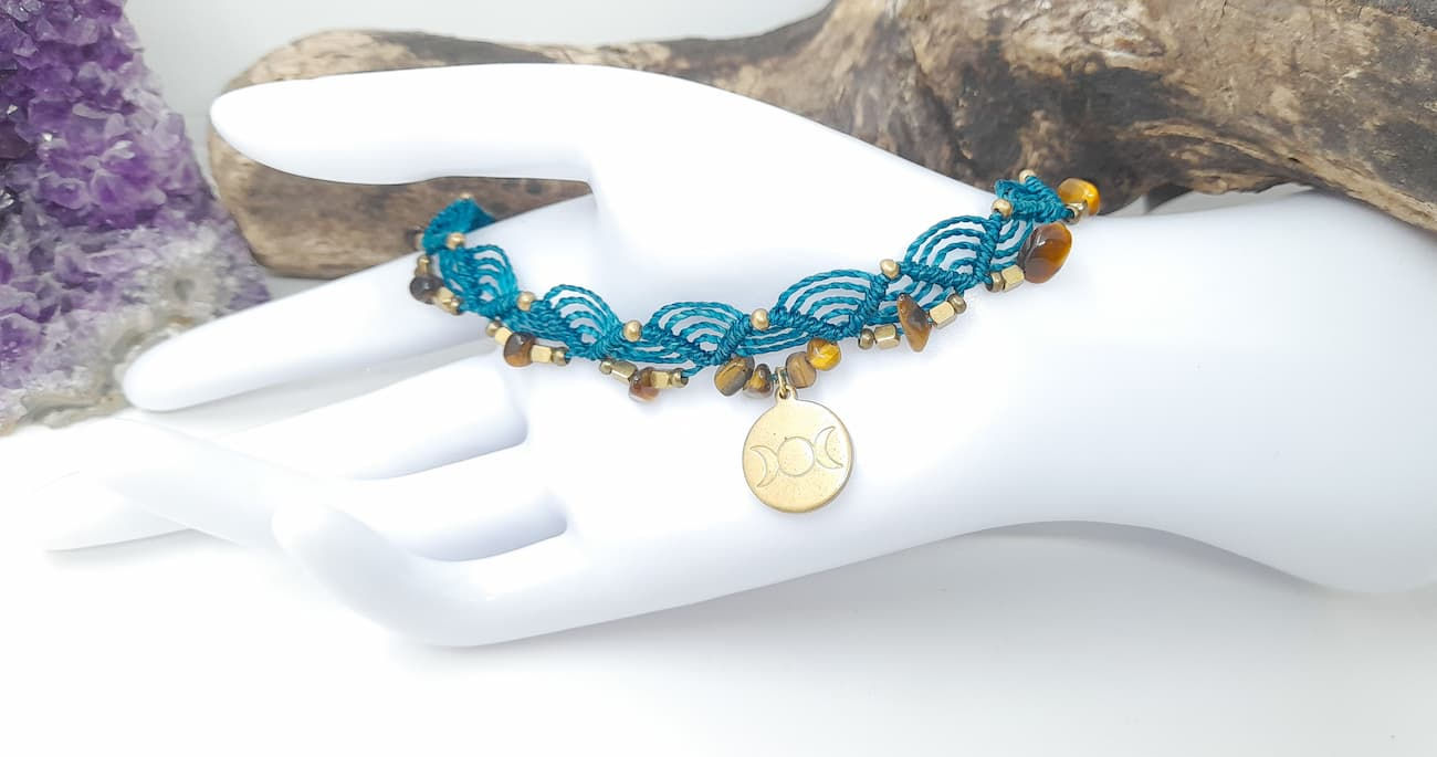 Chevillère Triple lune ( Bleu pétrole et Oeil de Tigre)