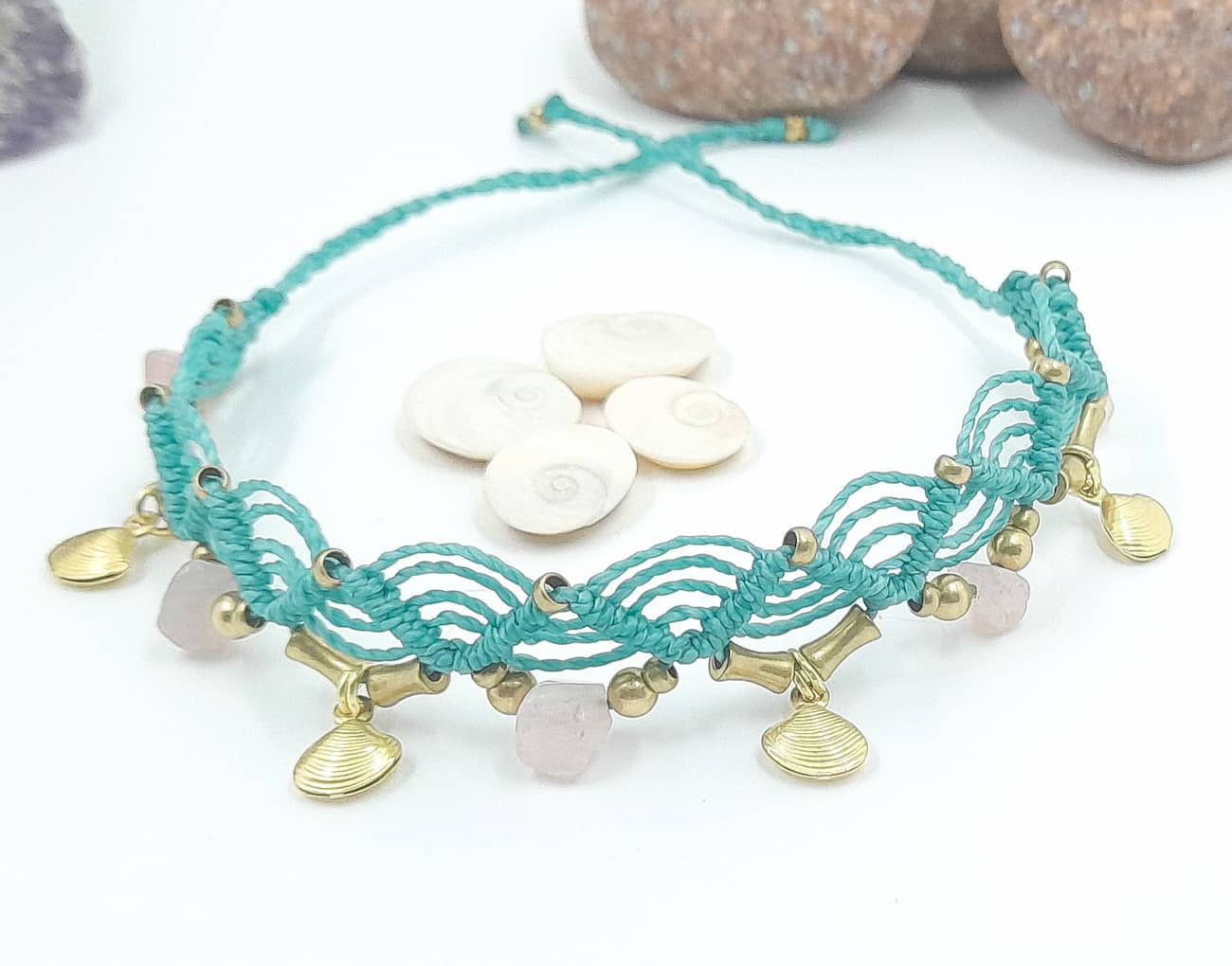 Chevillère Coquillage ( Bleu turquoise et Quartz rose)