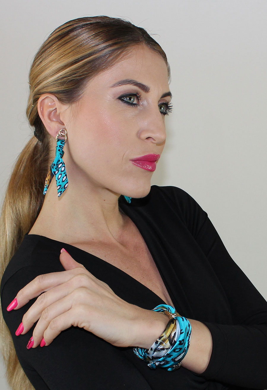 Thumbnail: Turquoise Leopard silk tie earring