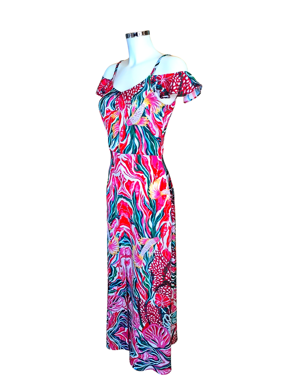 Thumbnail: Golden fishes shoulder strap neck dress