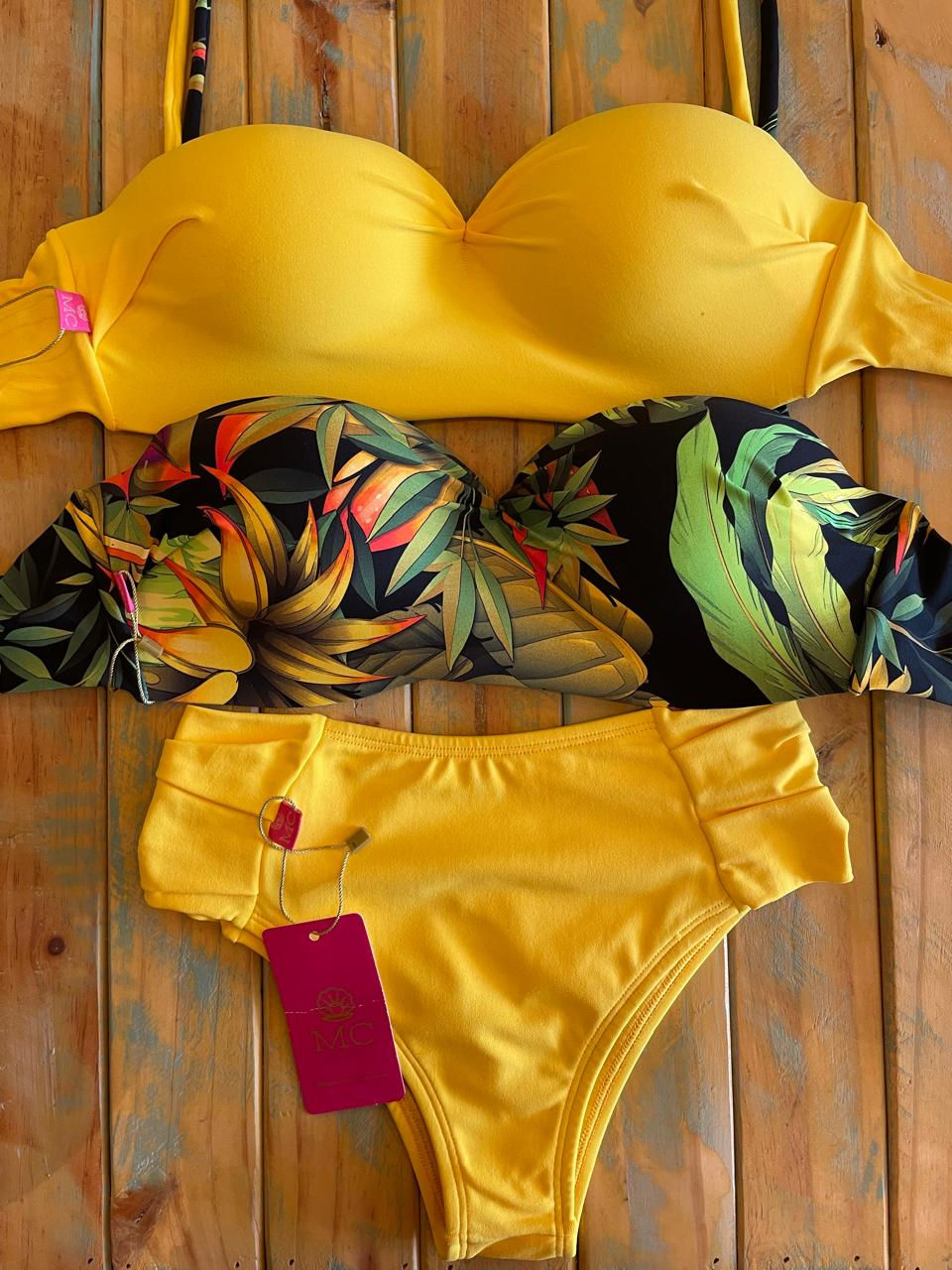 Combo Tomara que Caia Amarelo / Tropical e Calcinha Bombom Cós Alto Amarelo