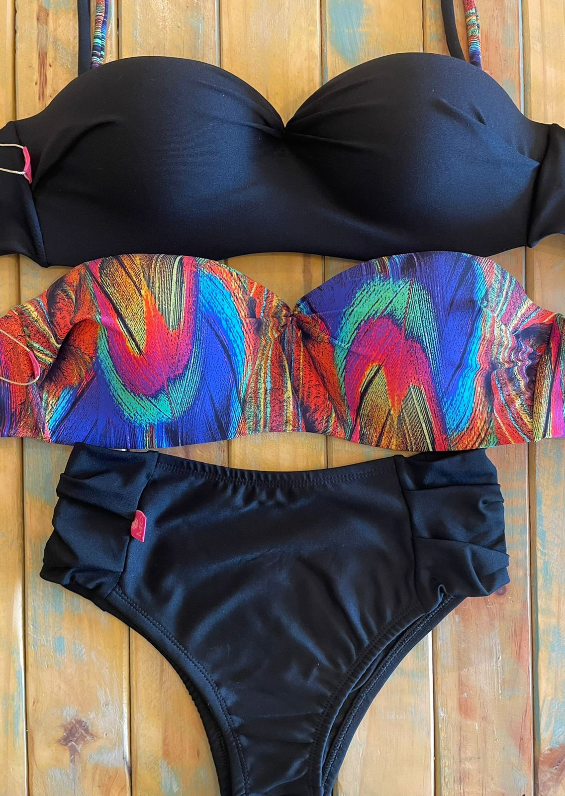 Combo Tomara que Caia Preto / Pavão e Calcinha Bombom Cós Alto Preta