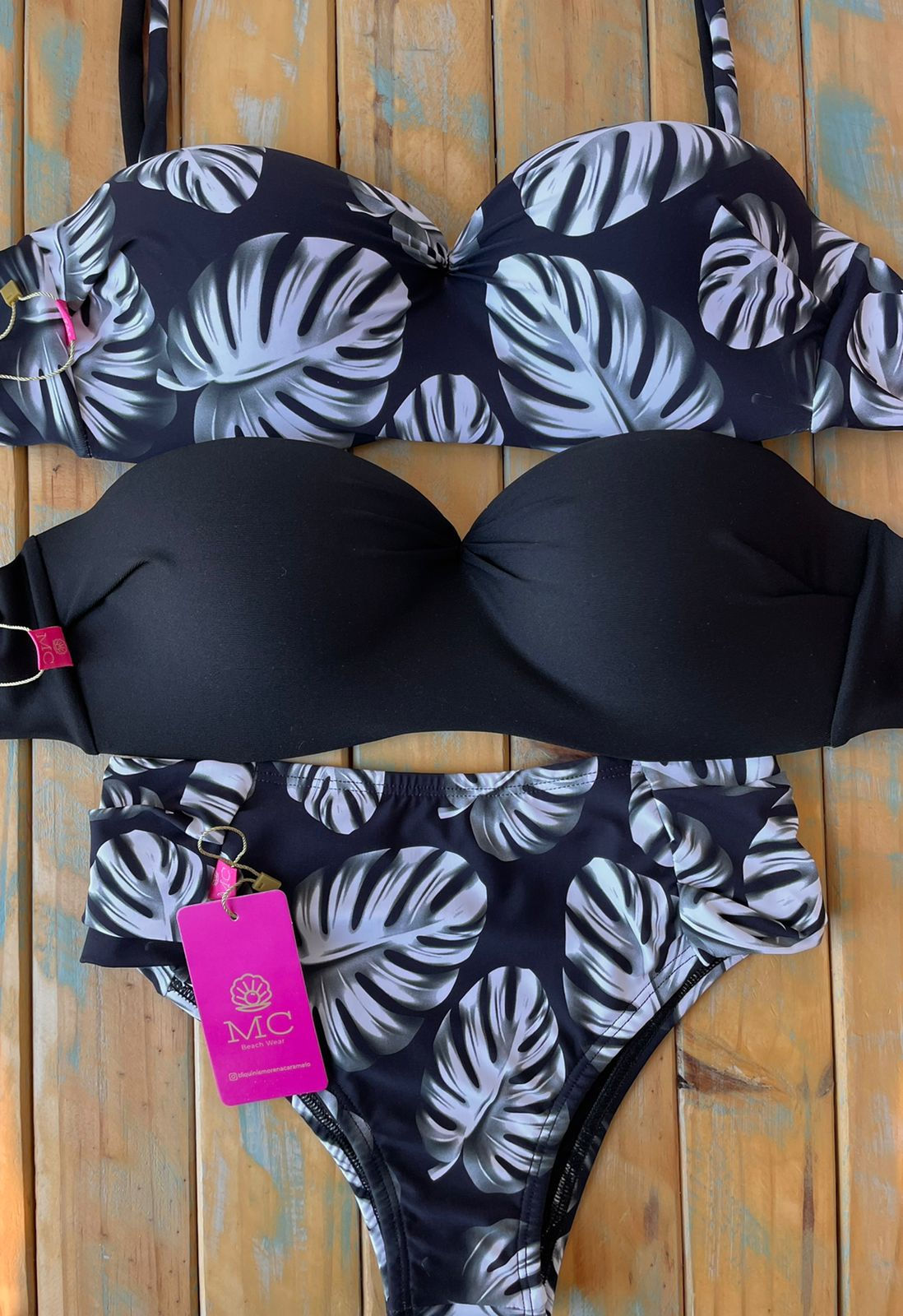 Combo Tomara que Caia Palmeira / Preto e Calcinha Bombom Cós Alto Palmeira