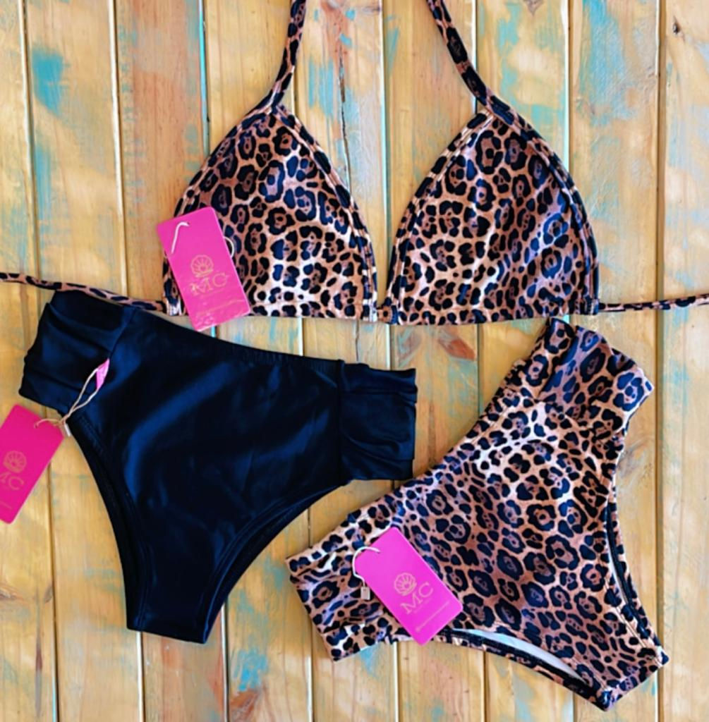 Combo Cortininha Onça e Calcinha Bombom Cós Alto Preta / Onça