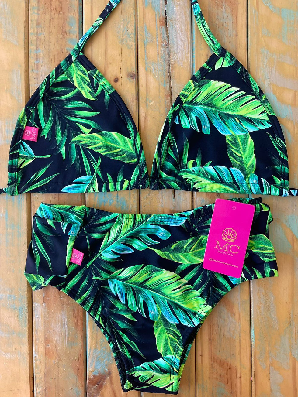 Parte de Cima Cortininha e Calcinha Bombom Cós Alto Folhas Verdes