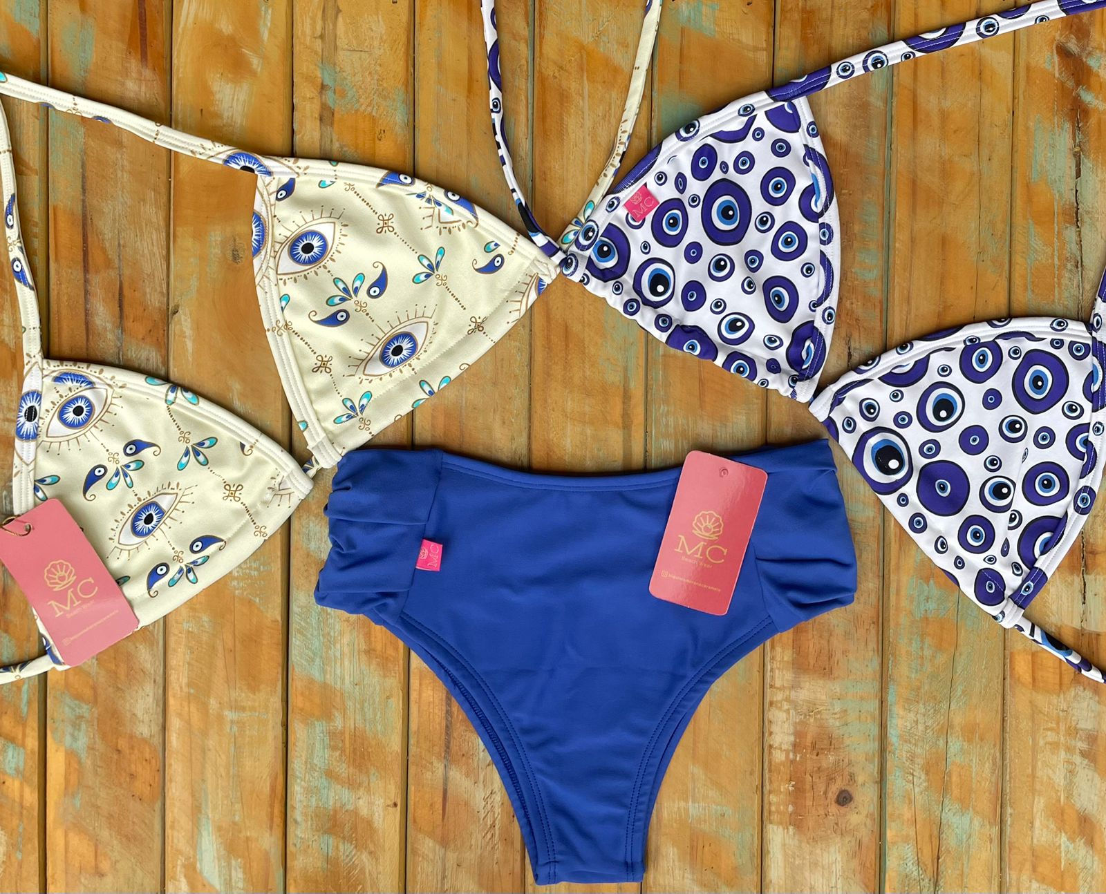 Combo Cortininha Olho Grego / Olho Grego Azul Calcinha Bombom Azul Royal