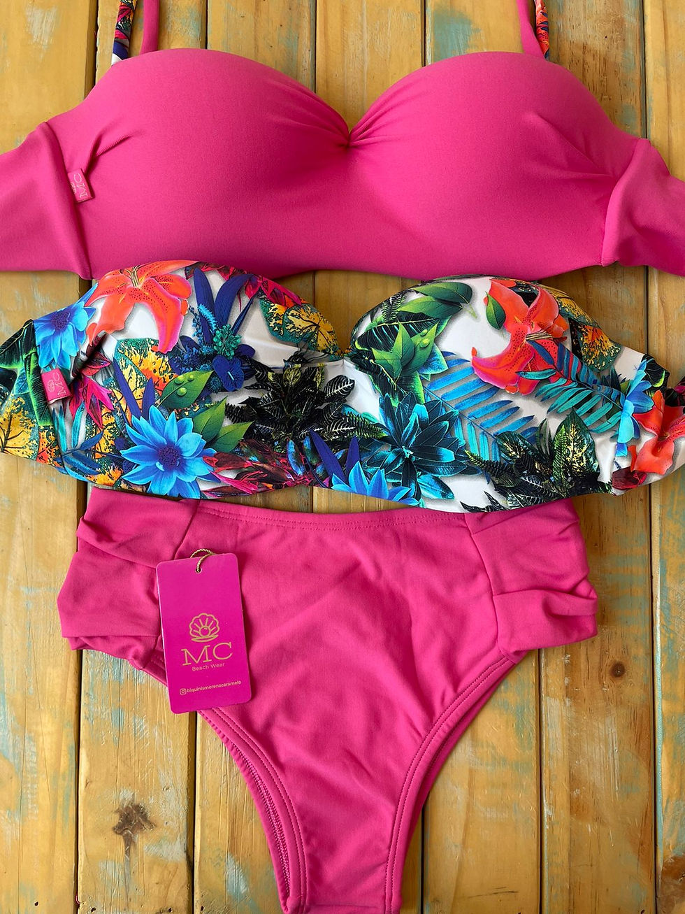 Combo Tomara que Caia Pink / Flores e Calcinha Bombom Cós Alto Pink