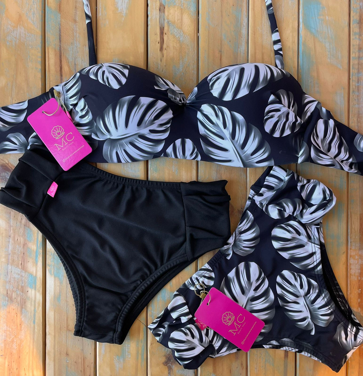 Combo Tomara que Caia Palmeira e Calcinha Bombom Cós Alto Preta / Palmeira