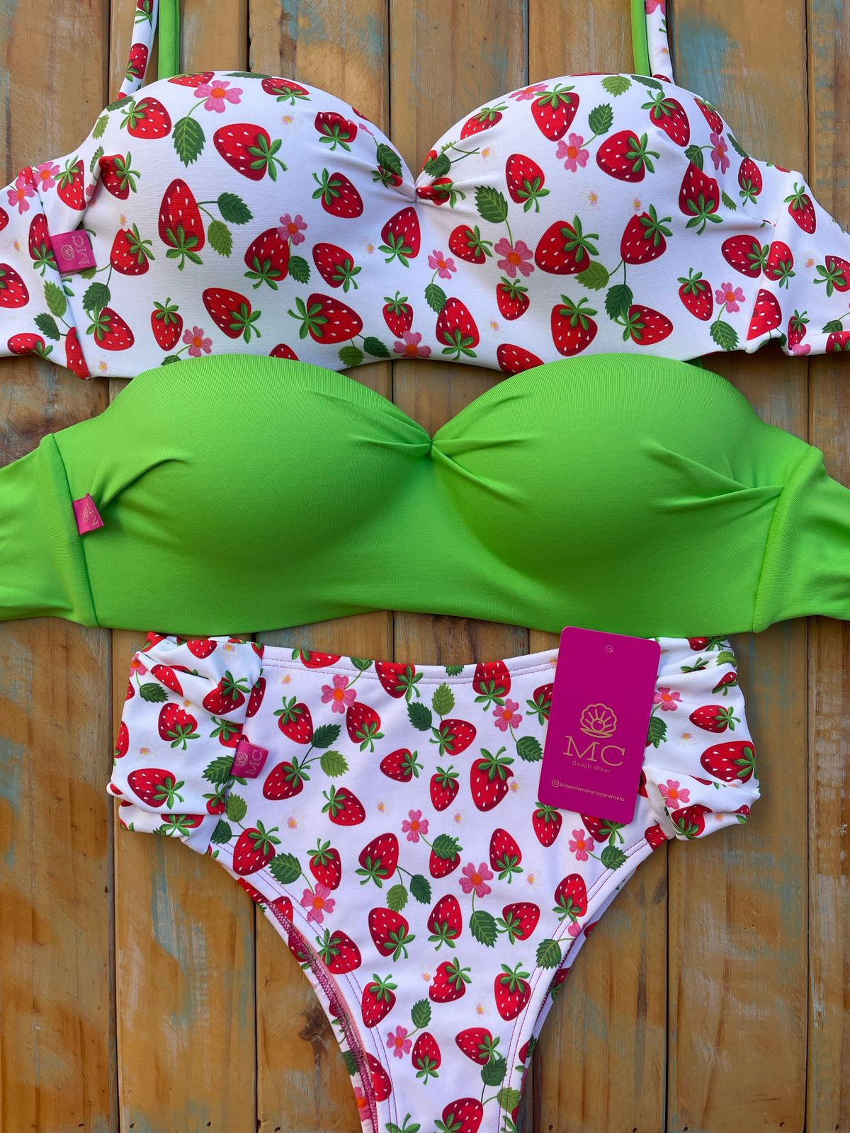 Combo Tomara que Caia Morango / Verde Limão e Calcinha Bombom Cós Alto Morango