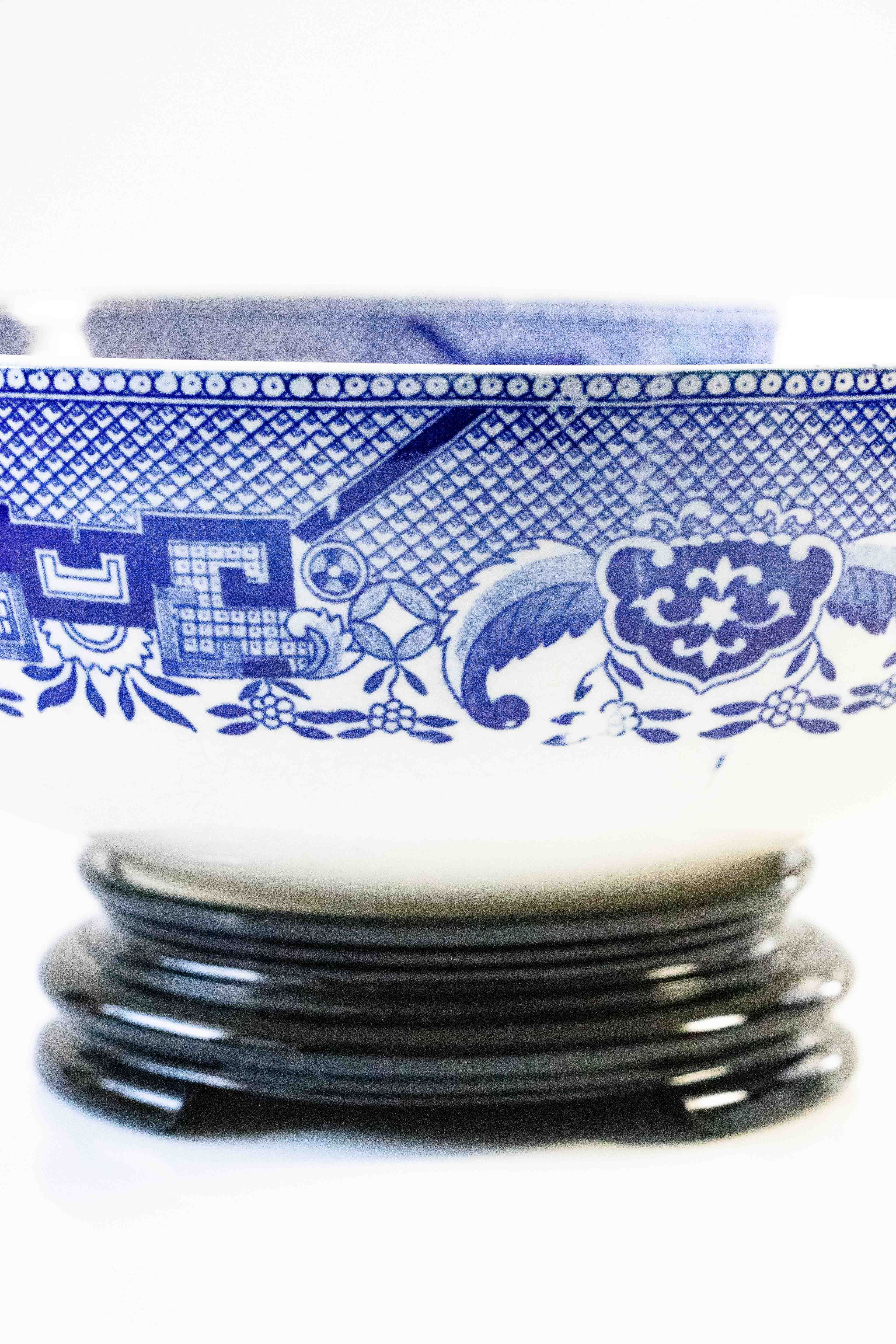 Blue Willow Transferware Bowl with Glass Pedestal, Blue Flow China