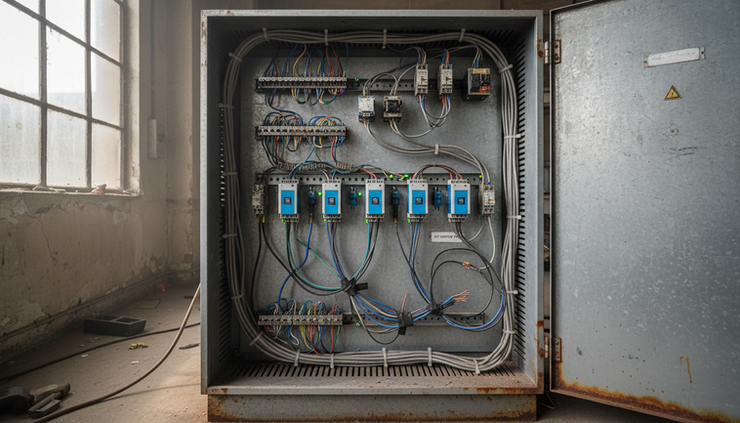 Wide-angle view of an existing industrial control panel connected to field instruments.