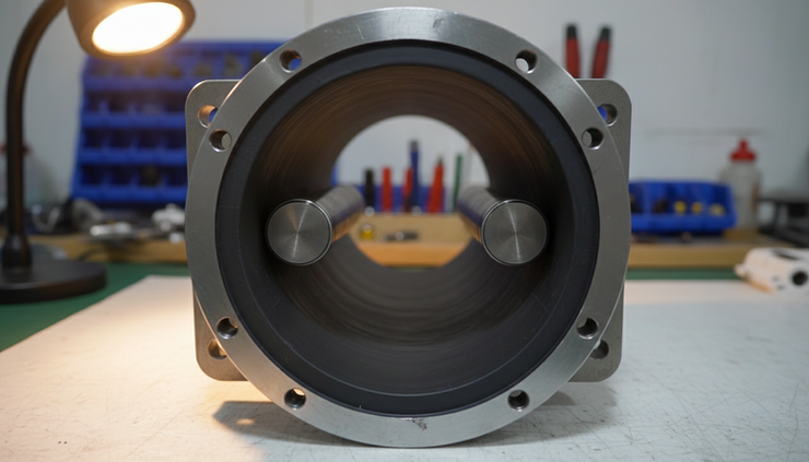 Close-up view of the internal liner and electrodes inside an electromagnetic flow meter tube
