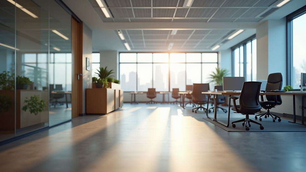 Eye-level view of a modern office space with modular furniture and natural light