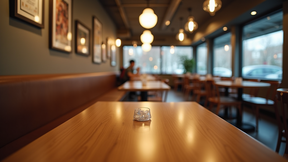 Eye-level view of a modern restaurant dining area with wooden tables and soft lighting