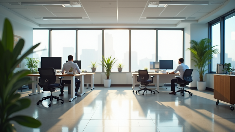 Wide angle view of a bright and spacious commercial office with ergonomic furniture