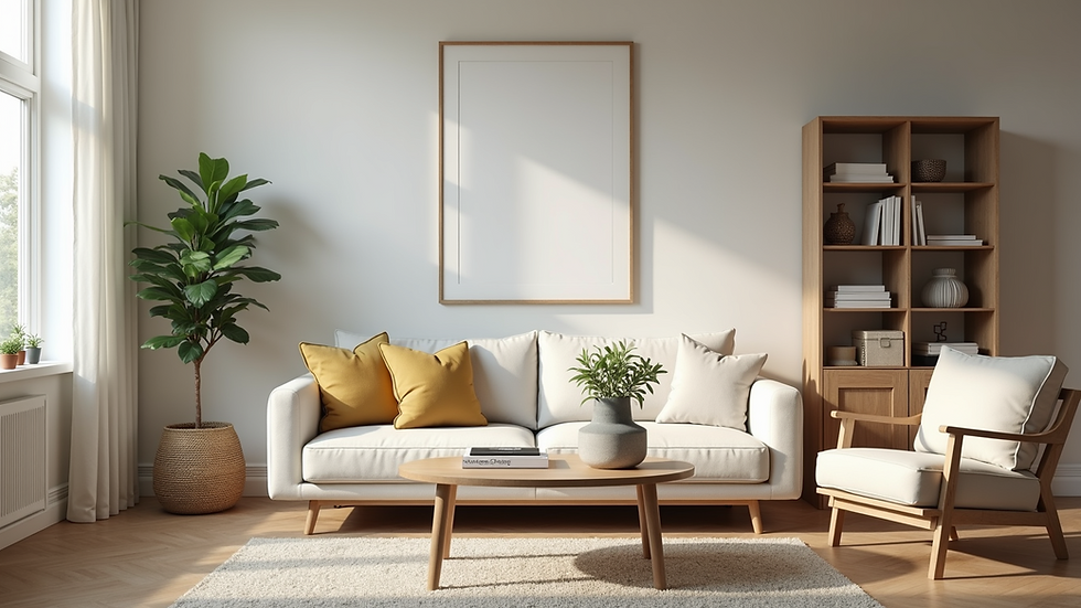 Eye-level view of a tidy living room with minimal furniture