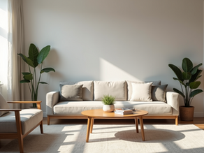 Eye-level view of a tidy living room with minimal furniture