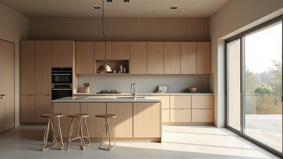 Eye-level view of a modern kitchen under construction with custom cabinetry