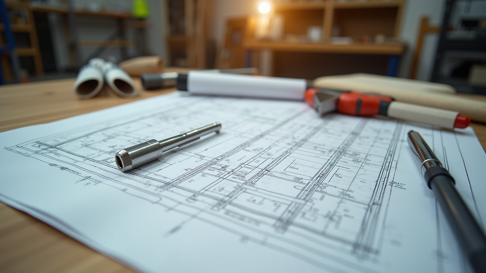 Close-up view of construction blueprints and tools on a workbench