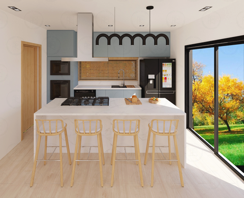 Cozinha integrada com ilha central em mármore branco, armários azul acinzentado e pendente preto com design em arco. Ambiente moderno e funcional em projeto residencial em São Paulo, com iluminação natural e piso vinílico claro.