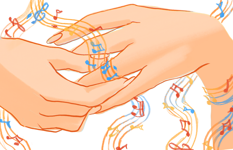 two hands with intertwined fingers and a line of music circling the ring finger