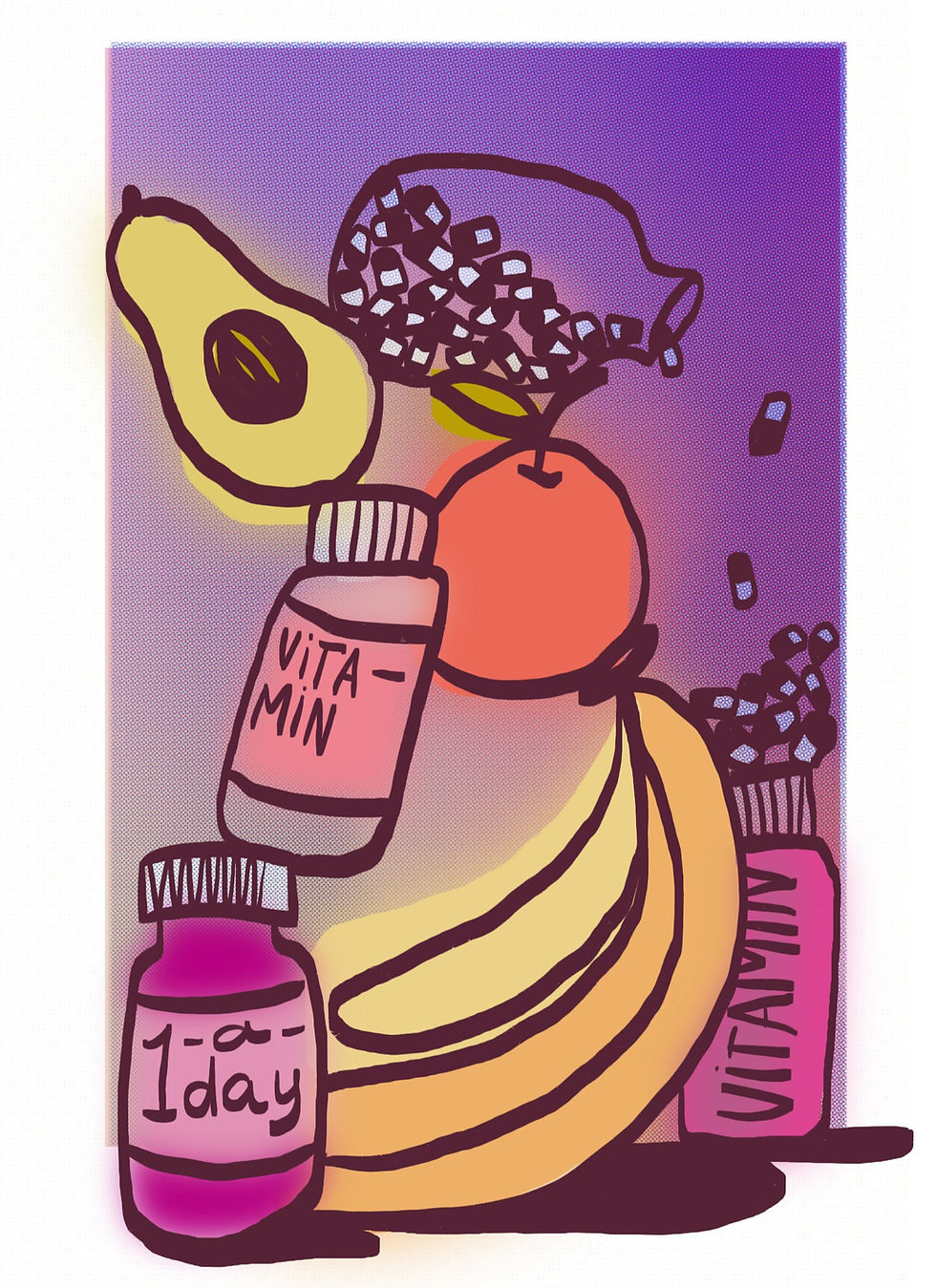 Fruits and vitamins with a gradient background