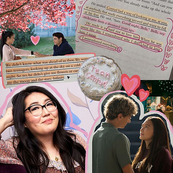 Collage of Jenny Han and characters from her shows, also includes clipped quotes from a book, and a cake that says Team Conrad