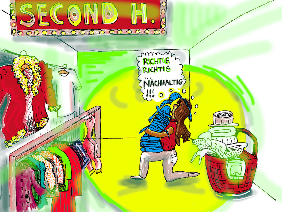 Comic: "Second H.(and)", verführerische Kleidung im Laden, Frau kniet, stapelt Kleidung auf sich: "RICHTIG, RICHTIG... Nachhaltig!!!"